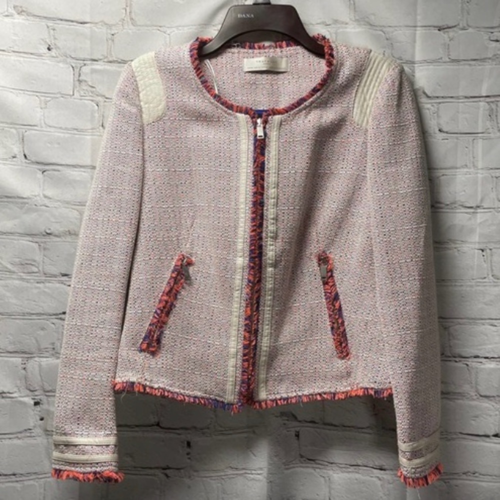 Zara tweed multicolor pink military style zip up jacket size M